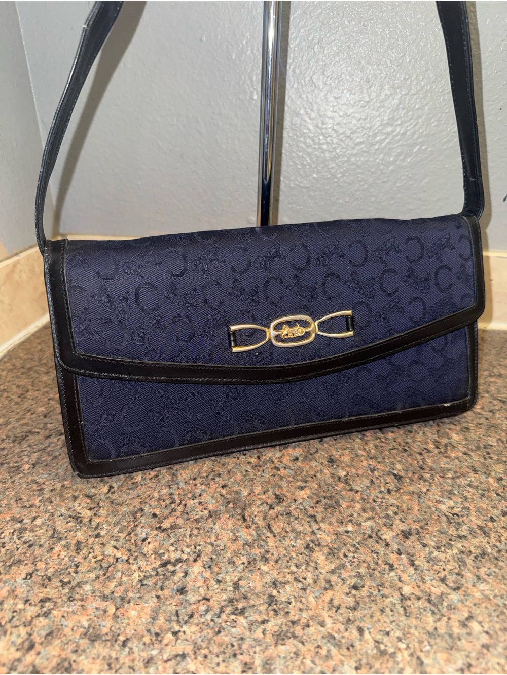 Celine vintage Navy Blue Monogram denim Shoulder Bag EUC